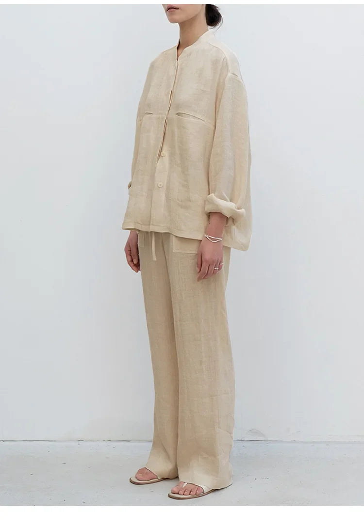 Olivia Bennet | Drawstring Straight Linen Pant for Women in Natural