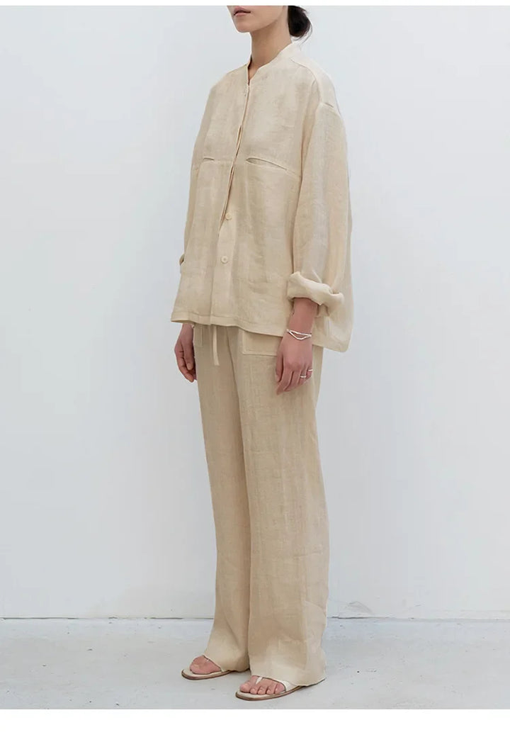 Olivia Bennet | Drawstring Straight Linen Pant for Women in Natural