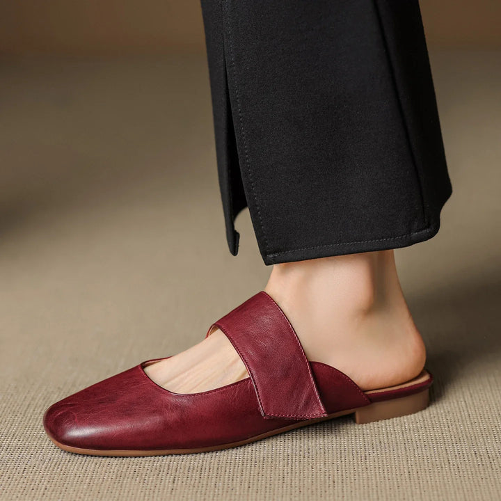 Olivia Bennet | Leather Square Toe Chunky Heel Mules