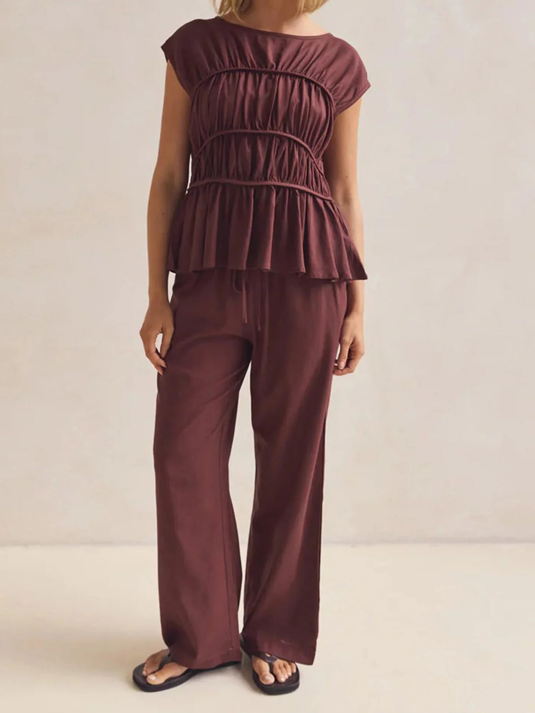 Olivia Bennet | Ruched Cap Sleeve Peplum Top for Women