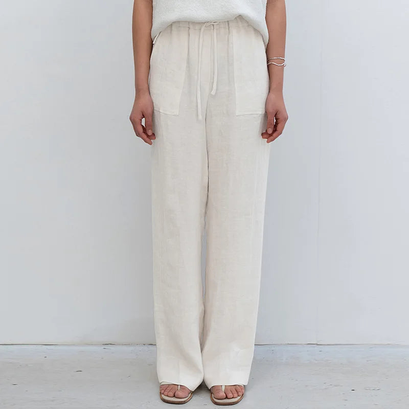 Olivia Bennet | Drawstring Straight Linen Pant for Women in Natural