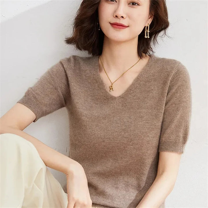 Olivia Bennet | V-Neck Knit Top for Women in Natural Color
