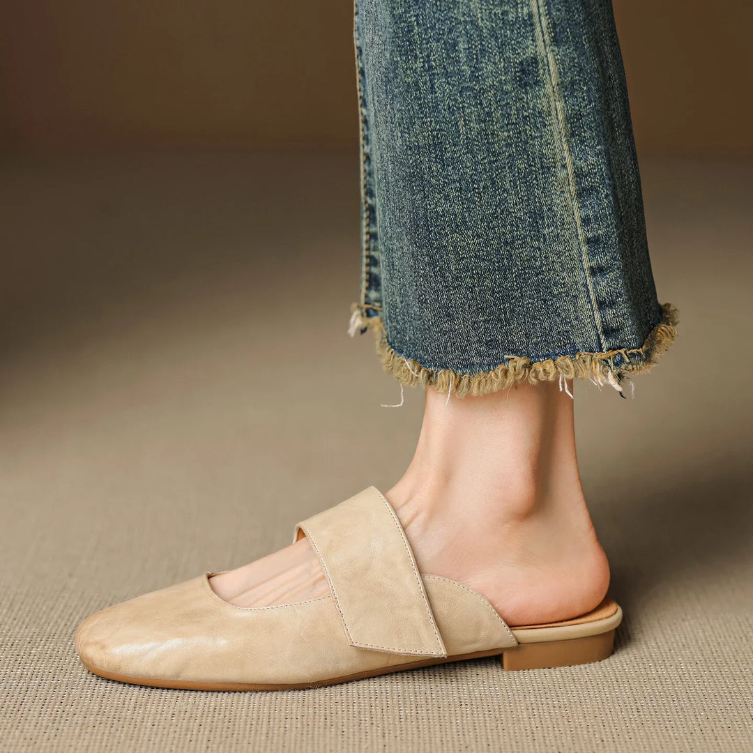 Olivia Bennet | Leather Square Toe Chunky Heel Mules