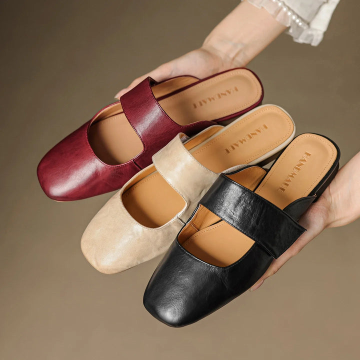 Olivia Bennet | Leather Square Toe Chunky Heel Mules