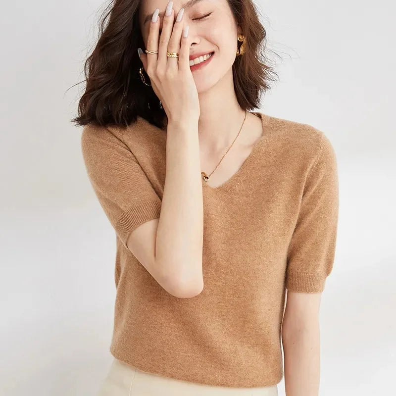 Olivia Bennet | V-Neck Knit Top for Women in Natural Color