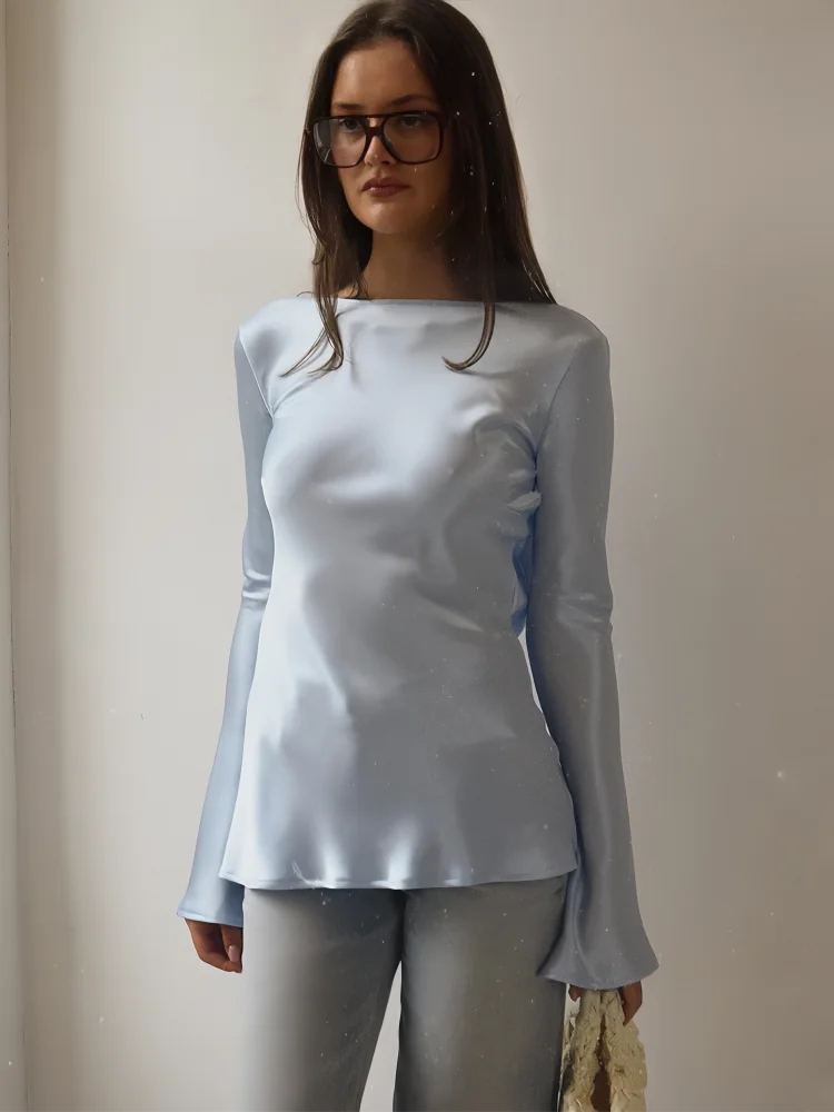Olivia Bennet | Satin Long Sleeve Bell Cuff Top for Women