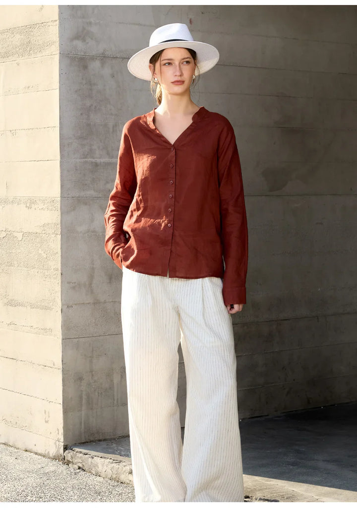 Olivia Bennet | Linen V-Neck Shirt for Women