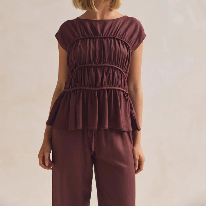 Olivia Bennet | Ruched Cap Sleeve Peplum Top for Women