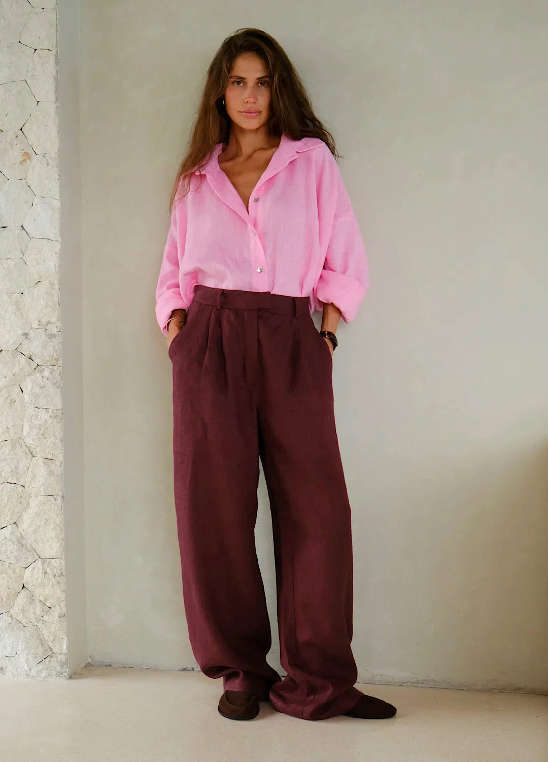 Olivia Bennet | Linen Wide-Leg Trousers for Women in Natural
