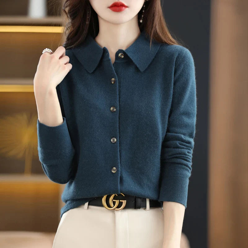 Olivia Bennet | Polo Cardigan for Women in Soft Knit, Classic Fit, Navy