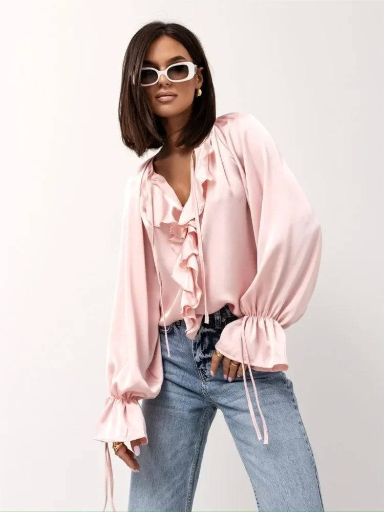 Olivia Bennet | Satin Ruffle Blouse for Women