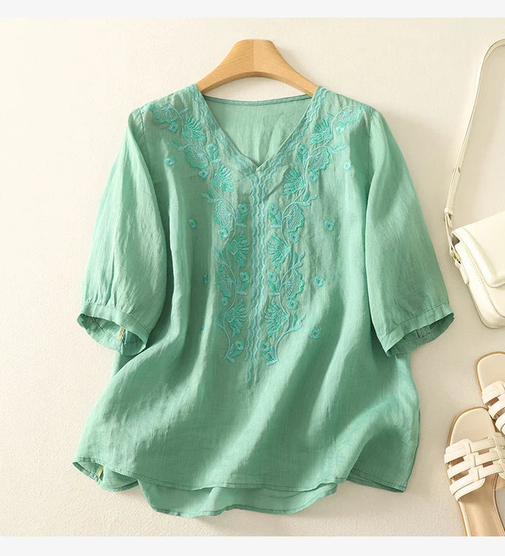 Olivia Bennet | V-Neck Cotton Blouse for Women in White