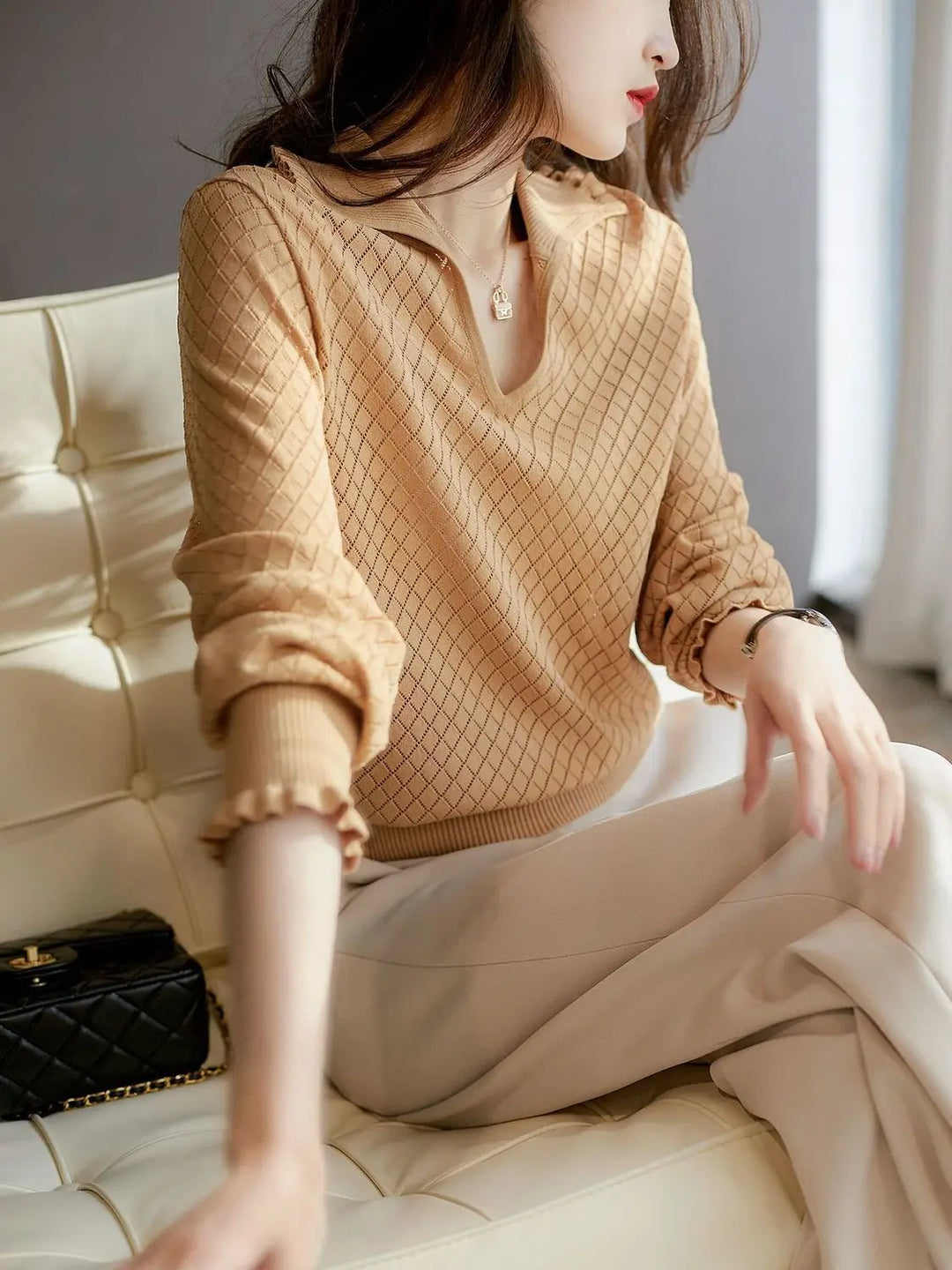 Olivia Bennet | Diamond Knit Top for Women in Natural Color