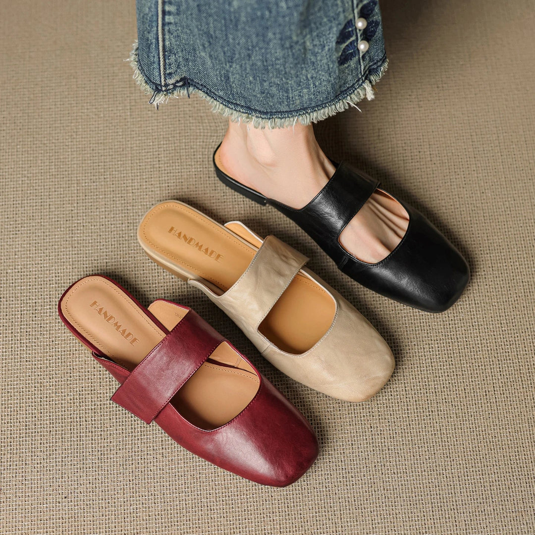 Olivia Bennet | Leather Square Toe Chunky Heel Mules