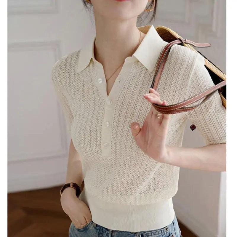 Olivia Bennet | Ribbed Knit Polo Blouse for Women in Natural Color