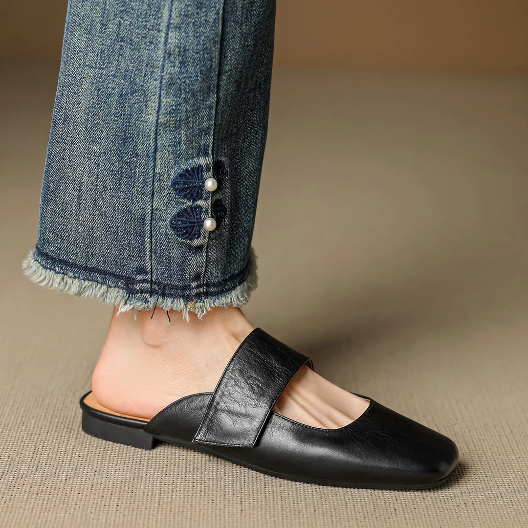 Olivia Bennet | Leather Square Toe Chunky Heel Mules