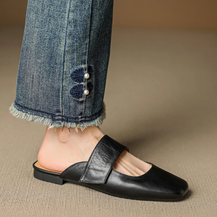 Olivia Bennet | Leather Square Toe Chunky Heel Mules