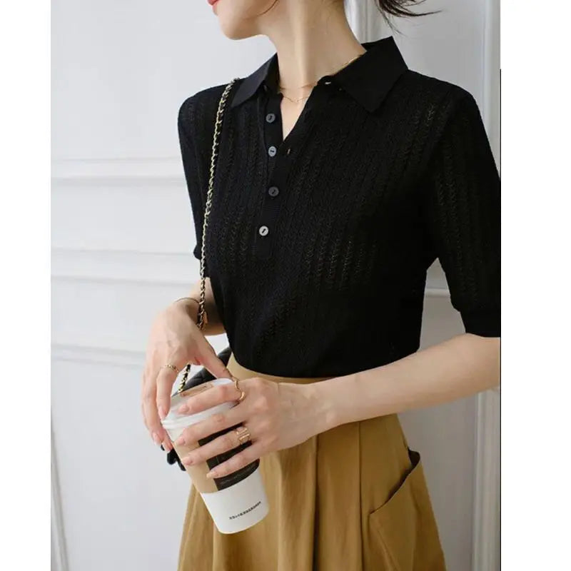 Olivia Bennet | Ribbed Knit Polo Blouse for Women in Natural Color