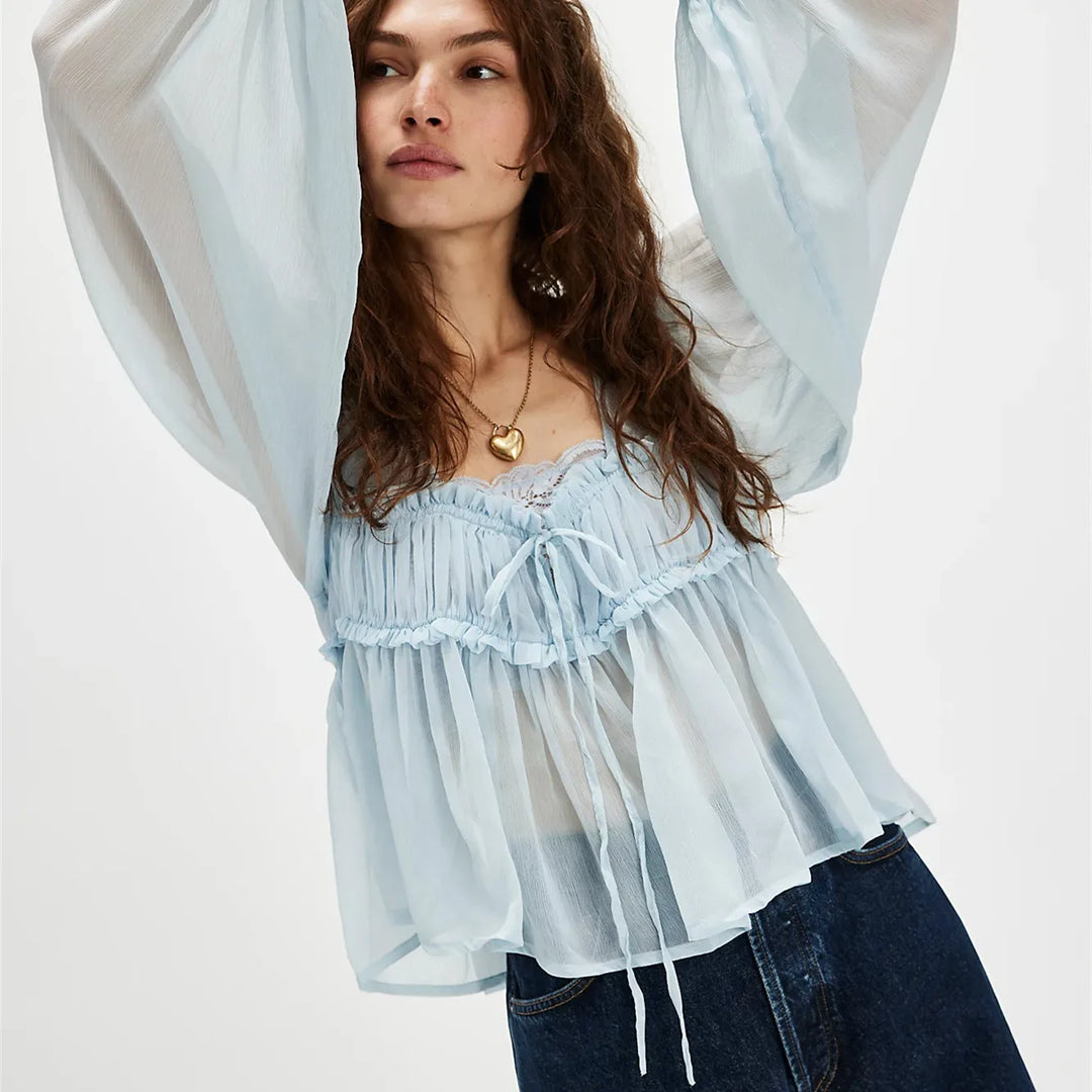 Olivia Bennet | Chiffon Tie Blouse for Women in Soft White