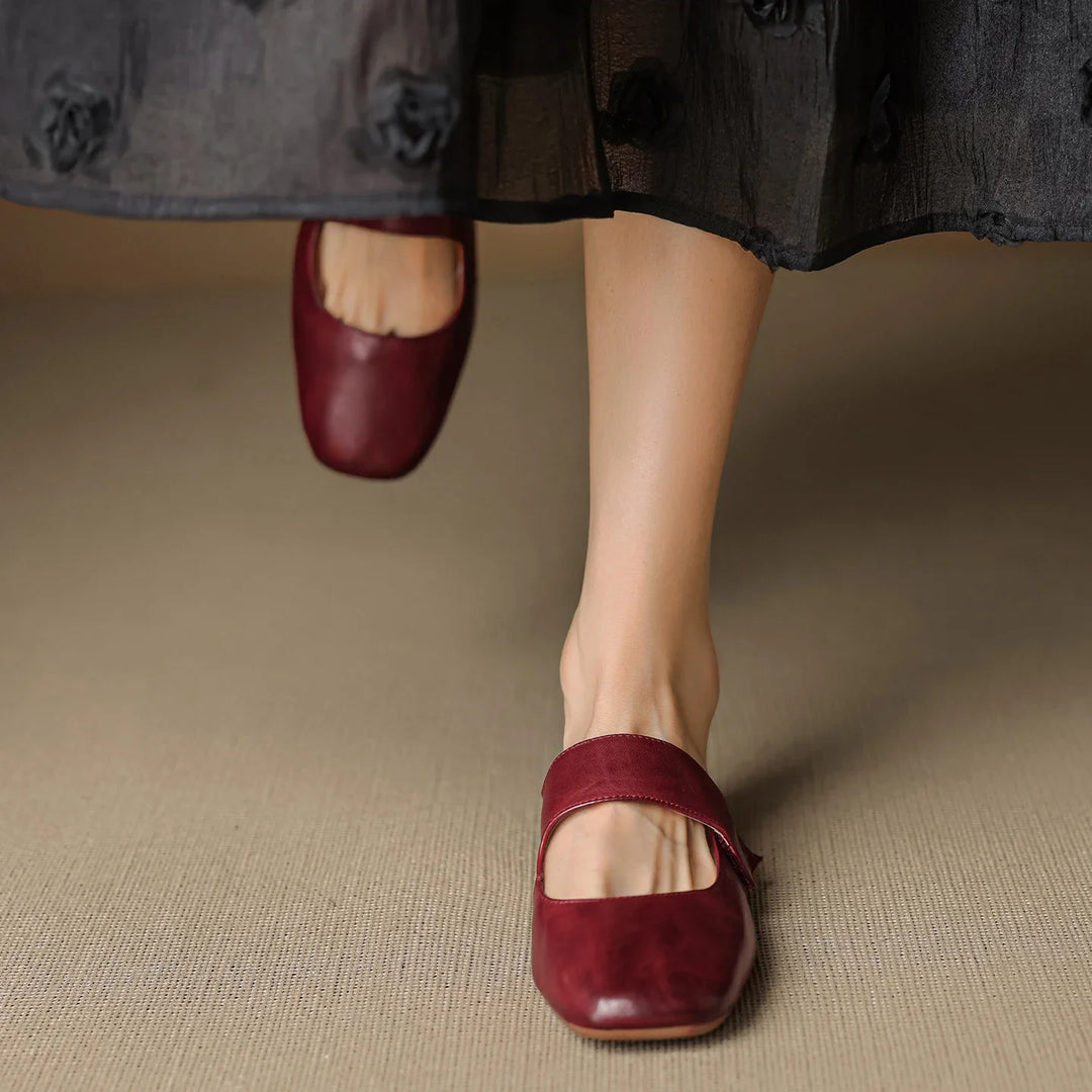 Olivia Bennet | Leather Square Toe Chunky Heel Mules