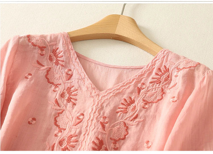 Olivia Bennet | V-Neck Cotton Blouse for Women in White