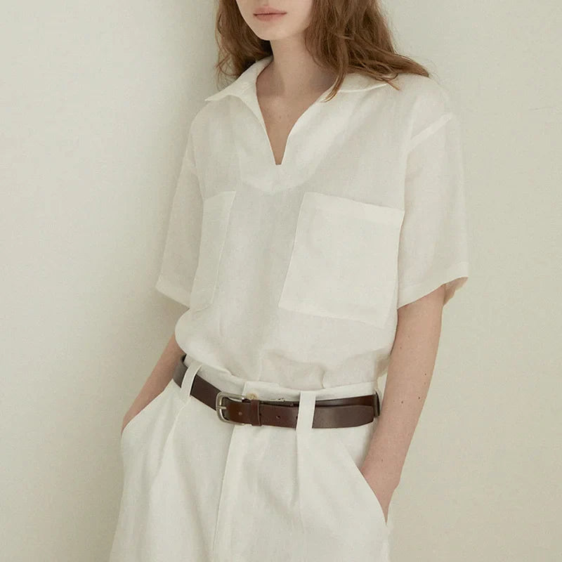 Olivia Bennet | Linen Polo Top for Women in Natural Fit