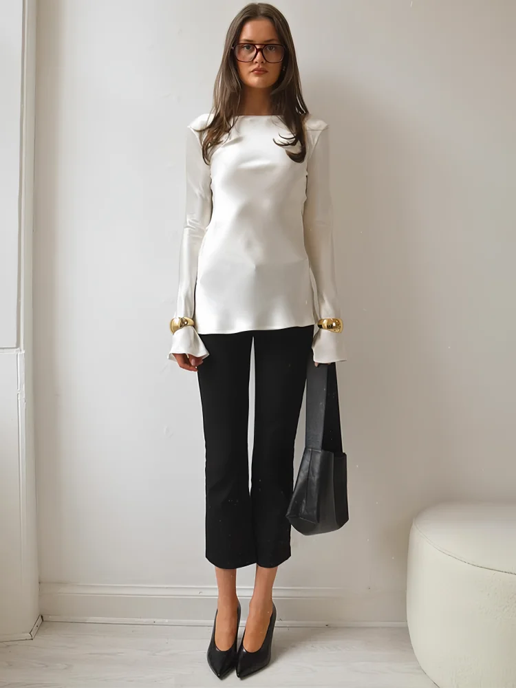 Olivia Bennet | Satin Long Sleeve Bell Cuff Top for Women