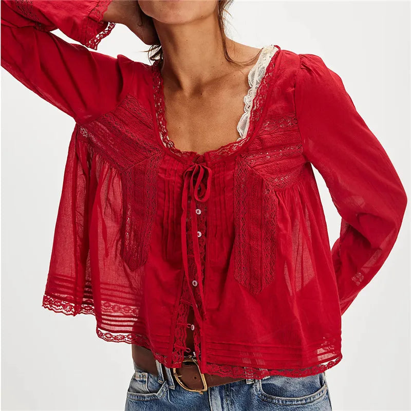 Olivia Bennet | Lace Trim Tie-Front Blouse