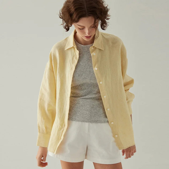 Olivia Bennet | Linen Shirt for Women in White with Slit Hem