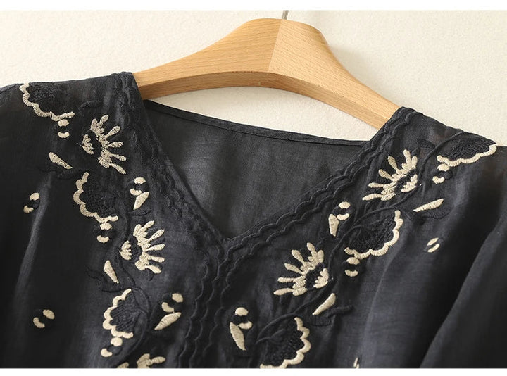 Olivia Bennet | V-Neck Cotton Blouse for Women in White