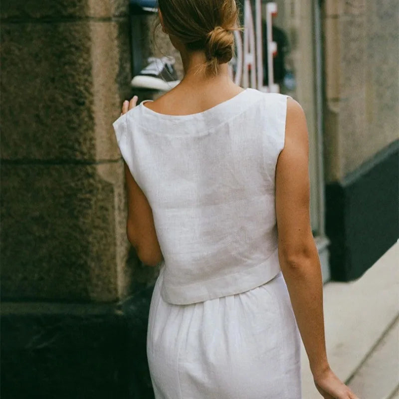 Olivia Bennet | Crop Linen Top for Women in Natural Color
