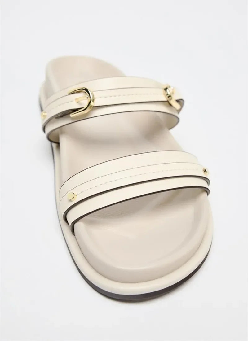 Olivia Bennet | Twin Strap Flats for Women in Natural Material