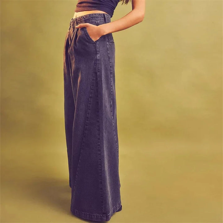 Olivia Bennet | Pleated Wide-Leg Jeans for Women in Denim