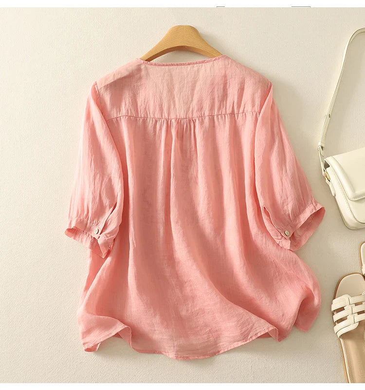 Olivia Bennet | V-Neck Cotton Blouse for Women in White