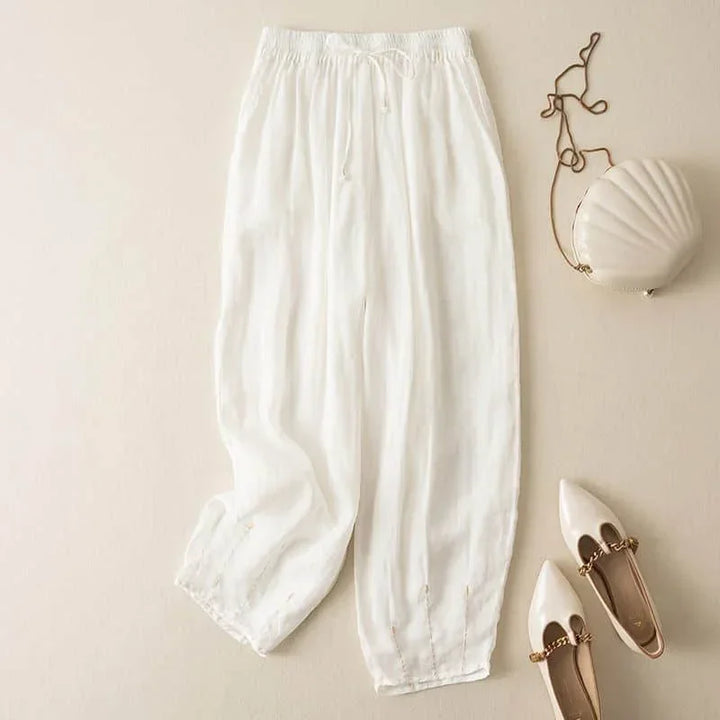 Olivia Bennet | Linen Pants for Women in Natural Fit, White