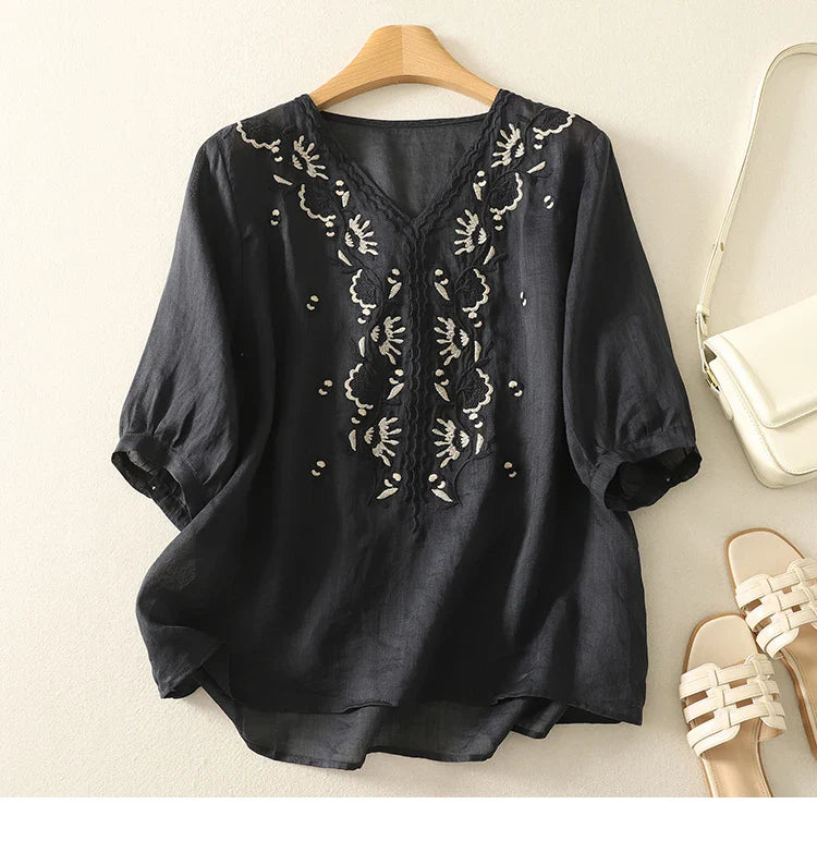 Olivia Bennet | V-Neck Cotton Blouse for Women in White