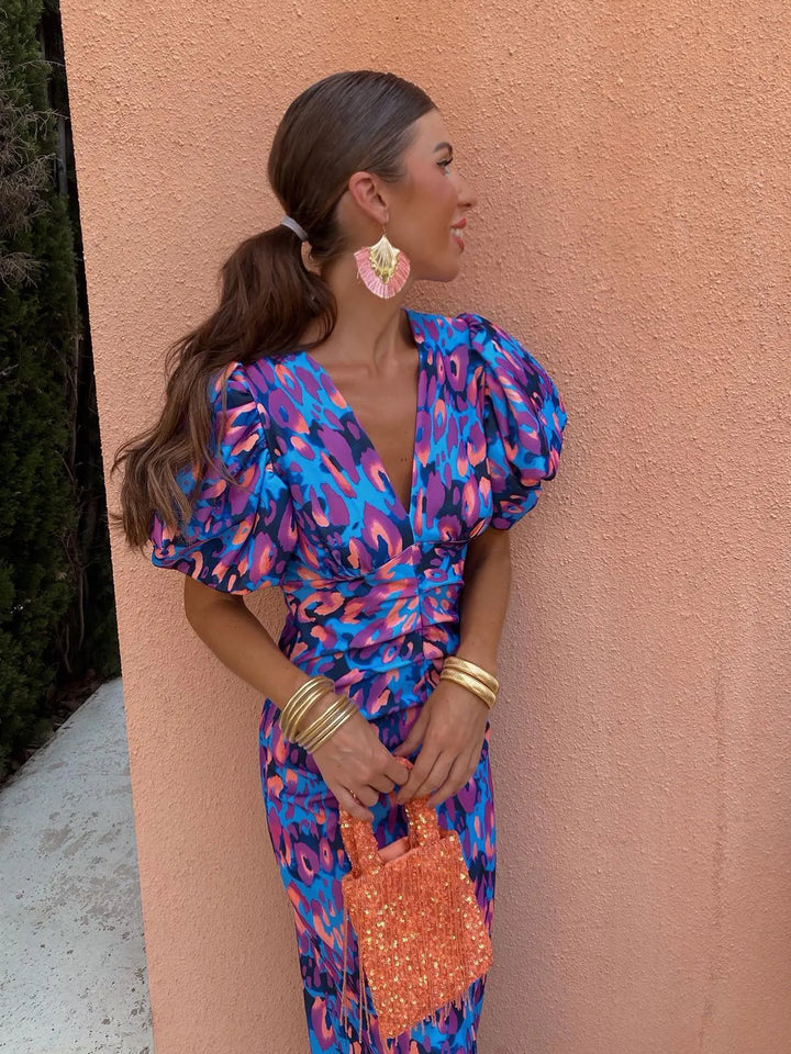 Women’s Summer Printed Puff Sleeve Midi Dress