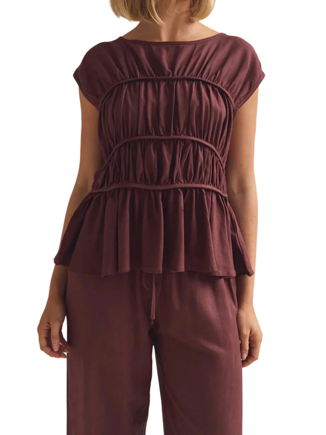 Olivia Bennet | Ruched Cap Sleeve Peplum Top for Women
