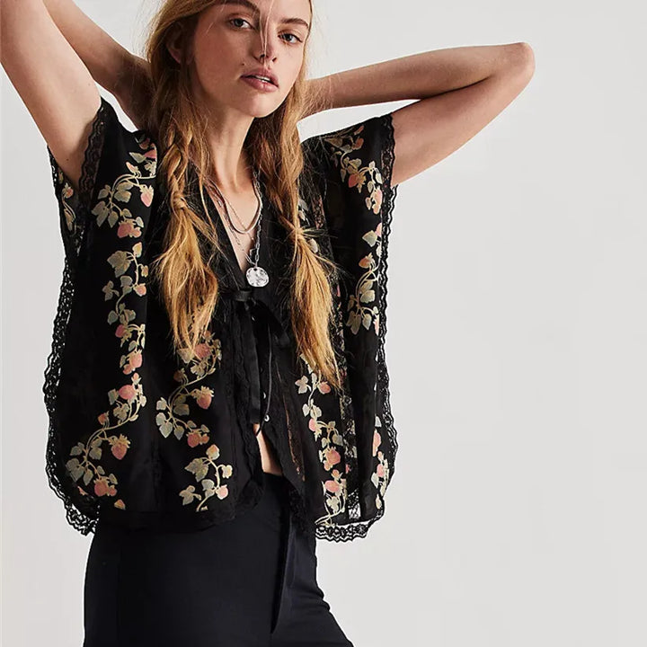 Olivia Bennet | Lace Trim Blouse for Women in Strawberry