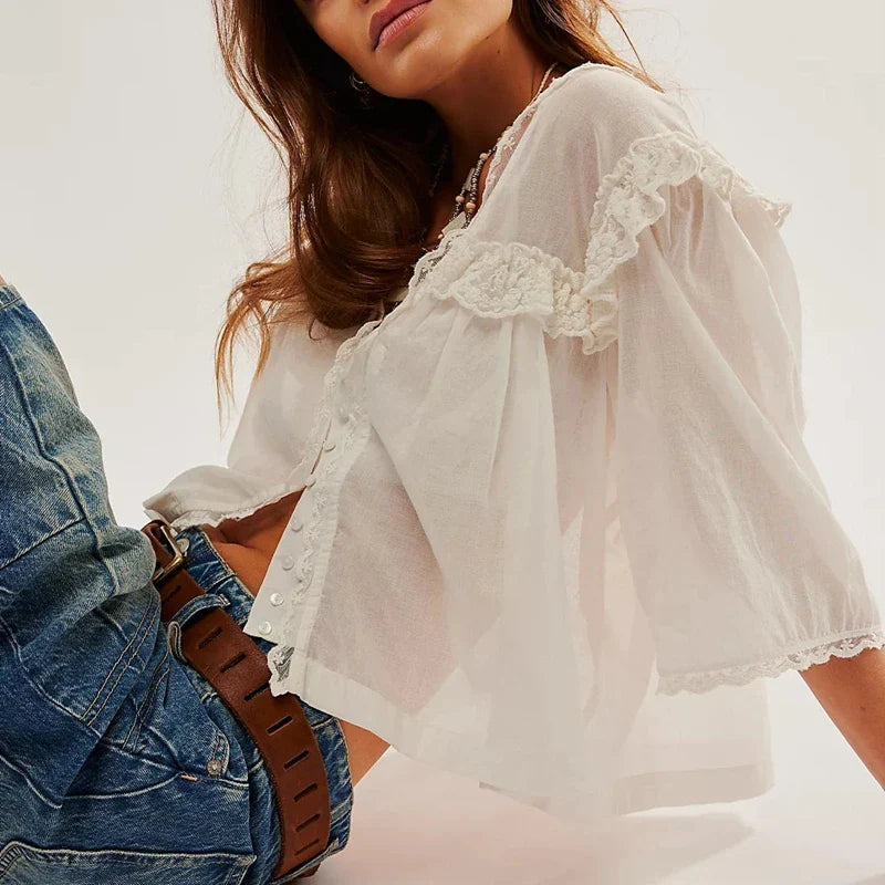 Olivia Bennet | Ruffle Blouse for Women in White Cotton