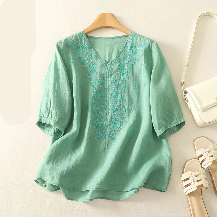 Olivia Bennet | V-Neck Cotton Blouse for Women in White