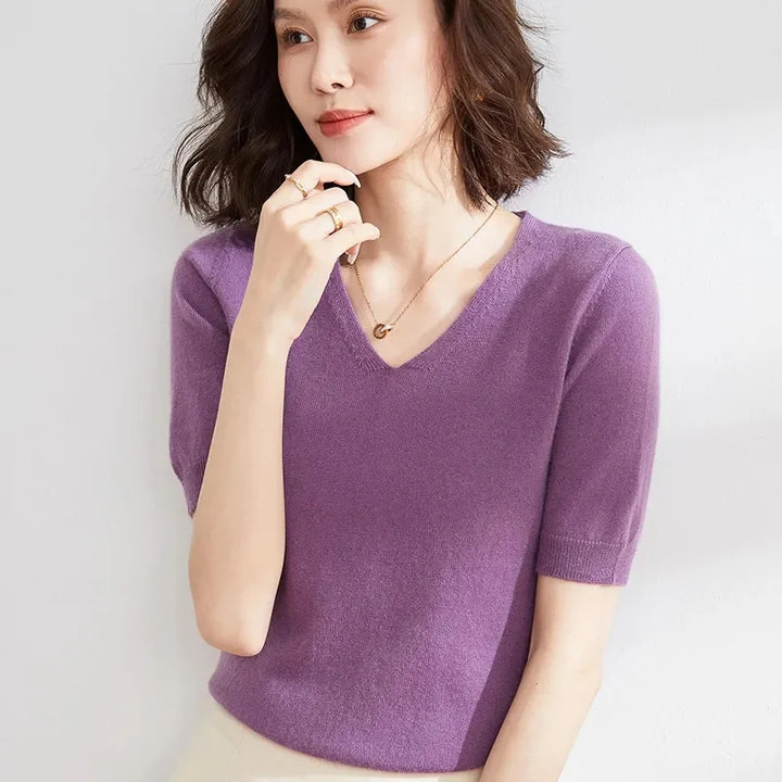 Olivia Bennet | V-Neck Knit Top for Women in Natural Color
