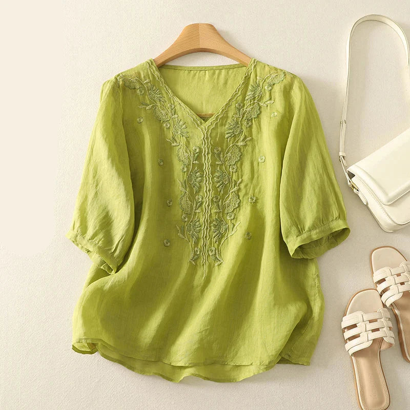 Olivia Bennet | V-Neck Cotton Blouse for Women in White