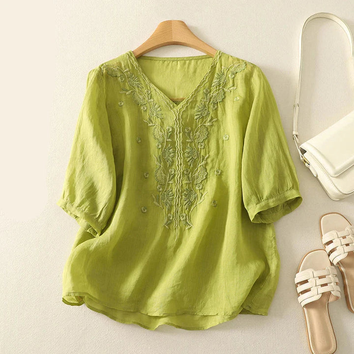 Olivia Bennet | V-Neck Cotton Blouse for Women in White