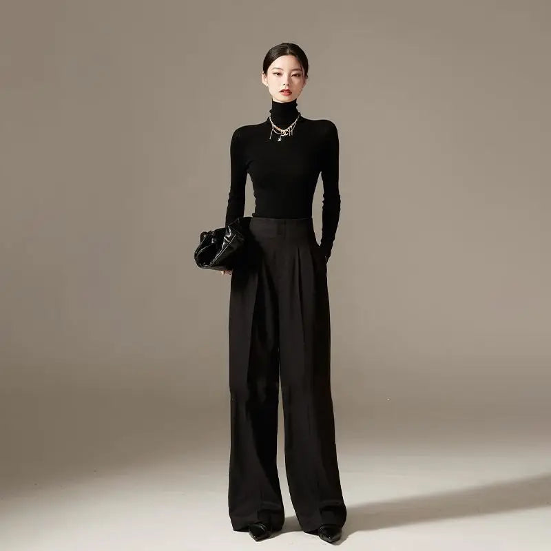 Olivia Bennet | Wide Leg Draped Pants for Women in Soft Fabric, Black