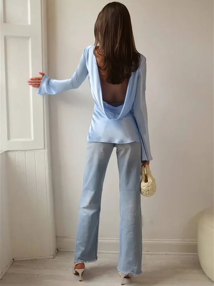 Olivia Bennet | Satin Long Sleeve Bell Cuff Top for Women