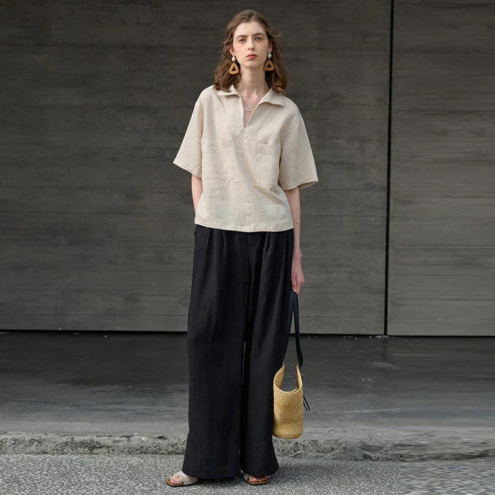 Olivia Bennet | Linen Polo Top for Women in Natural Fit