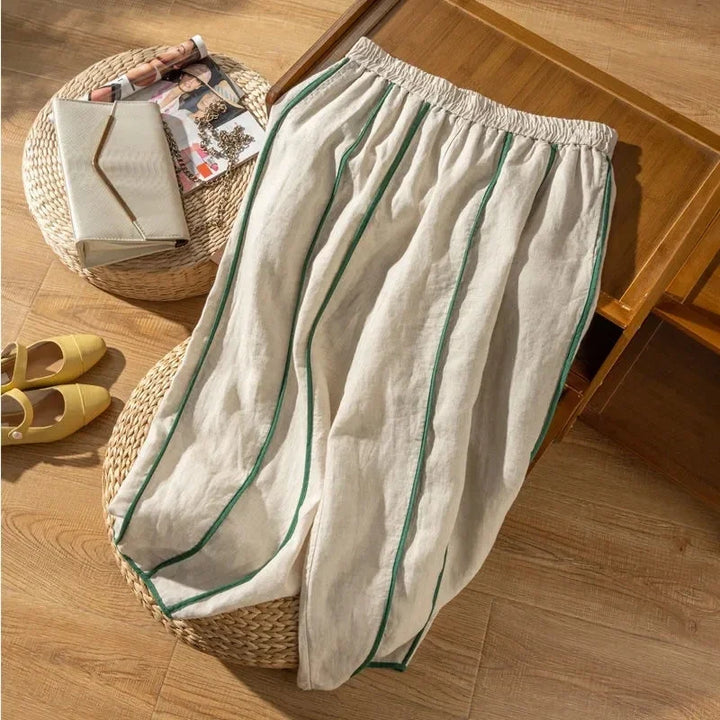 Olivia Bennet | Green Stripe Linen Wide Leg Pant