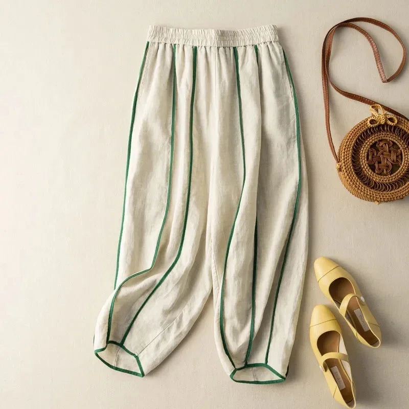 Olivia Bennet | Green Stripe Linen Wide Leg Pant