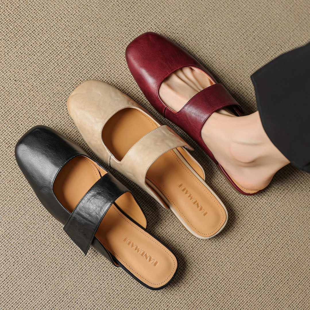 Olivia Bennet | Leather Square Toe Chunky Heel Mules